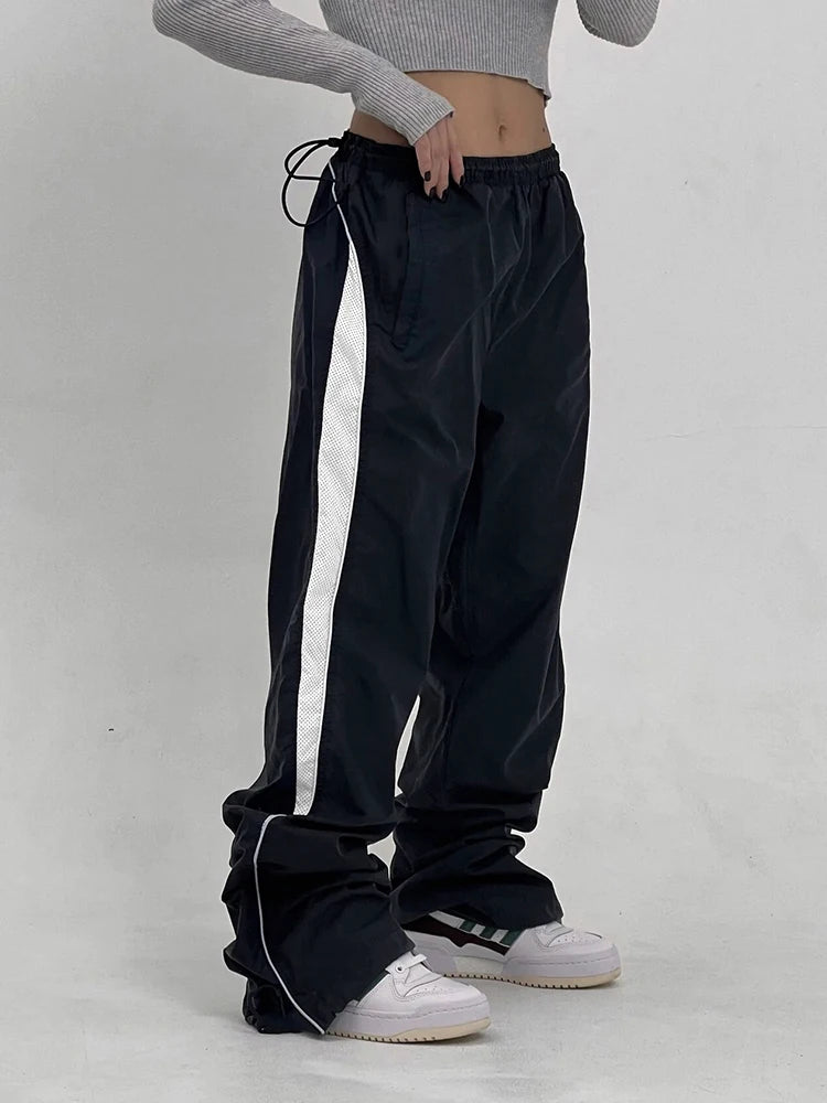 American Retro Casual Straight Leg Track Pants Women Side Contrast Patchwork Elastic Waist Hippie Jogging Trousers