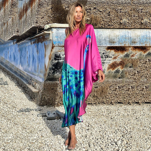 Vestido largo irregular con estampado de mariposas de colores y un solo hombro para mujer, sexy, holgado, con hombros descubiertos, para playa y vacaciones, ropa de calle