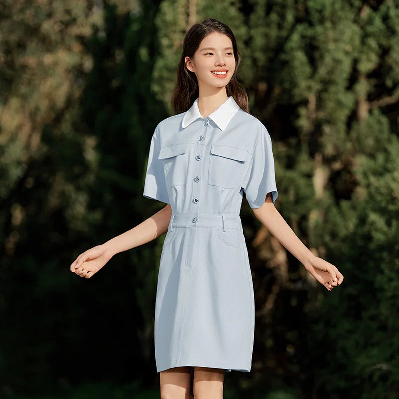 Dress Women Turn-Down Collar Stylish And Chic  Summer New Simple And Sweet Waist-Cinching Short Skirt