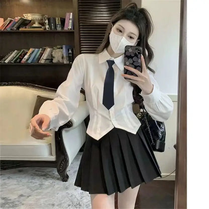 Camisa corta blanca de manga larga para mujer, túnica ajustada con botones, blusa básica, blusa escolar, blusa formal de cola de golondrina para mujer