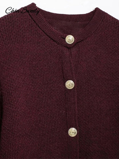 Cárdigan de punto burdeos para mujer, cuello redondo, botonadura sencilla, manga larga, bolsillo, otoño e invierno, prendas de punto que combinan con todo.
