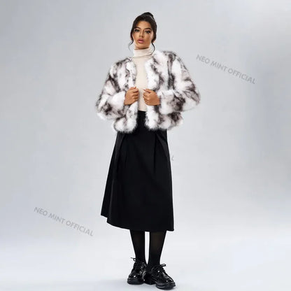 Abrigo de piel sintética de zorro esponjoso de invierno para mujer, marca de moda urbana, abrigo elegante para niñas, chaqueta corta y cálida de piel peluda