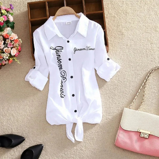 Blusas informales de primavera y verano para mujer, camisas de manga larga con cuello vuelto y pajarita decorativa, camisetas básicas holgadas