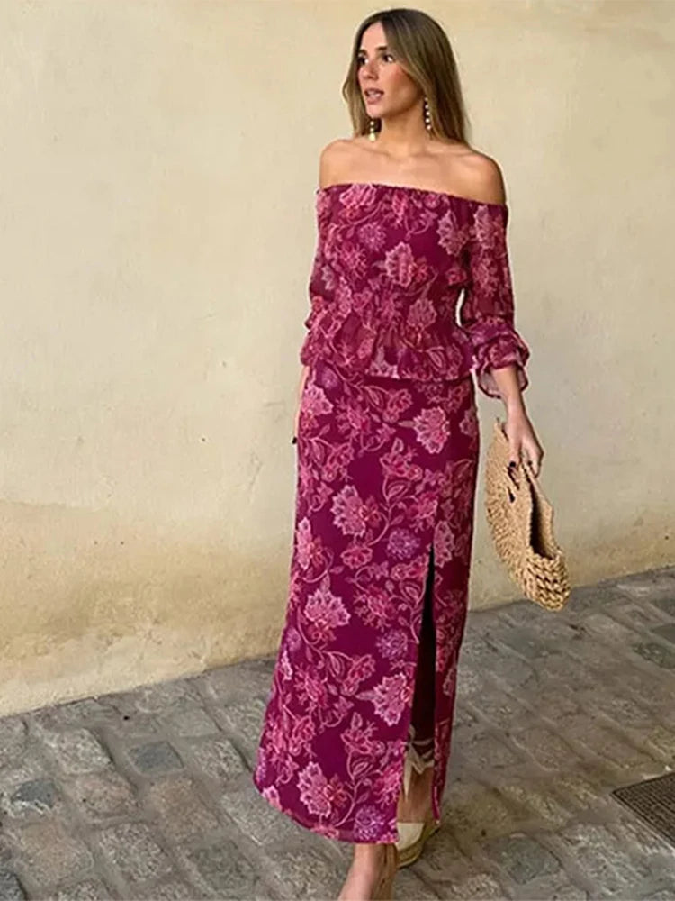 Conjunto de falda y top con estampado vintage para mujer, de un solo hombro, manga larga, cintura alta, dobladillo con volantes, falda con abertura alta, trajes de playa para vacaciones.