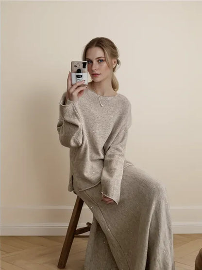 Sexy Soft Elegant Vintage Women Suits 2 Pieces Female Sets Slash Neck Sweater & Midi Dress Bling Knitted TrackSuit