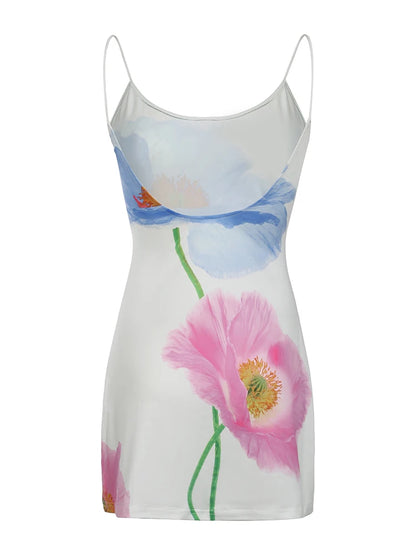 Vestido bohemio romántico con estampado floral y espalda descubierta para mujer, sin mangas, sexy, de verano, con tirantes finos, corto