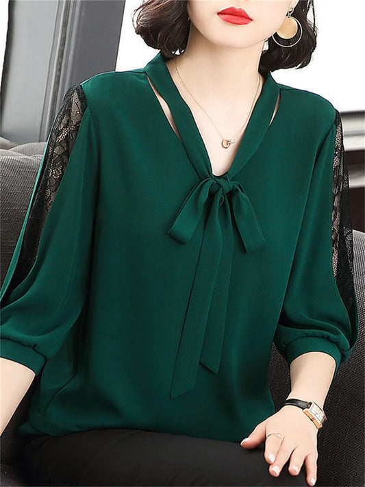 Blusas holgadas de estilo primavera-verano para mujer, informales, con lazo y media manga de encaje, DF4275