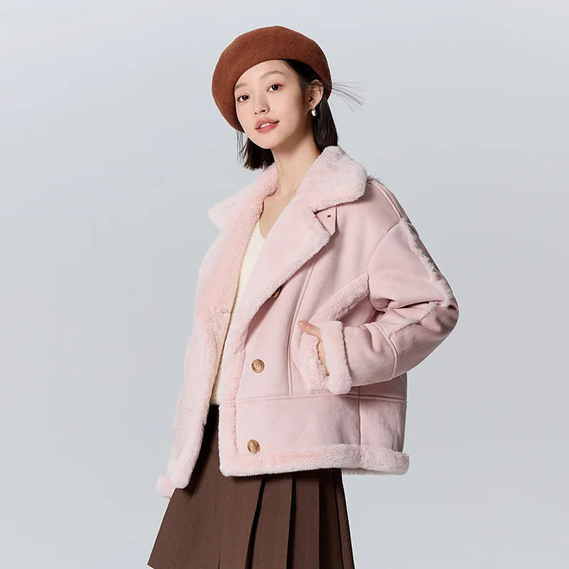 Chaqueta de mujer de gamuza sintética de piel de conejo sintética cálida de invierno nueva solapa estilo motociclista chaqueta holgada retro