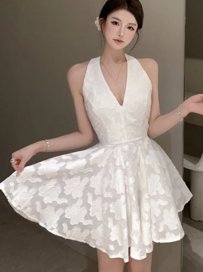 Y2K - Vestidos cortos con cuello en V y espalda descubierta para mujer, Jacquard, sin mangas, corte A, para fiesta de cumpleaños, graduación, minivestidos para mujer, nuevo