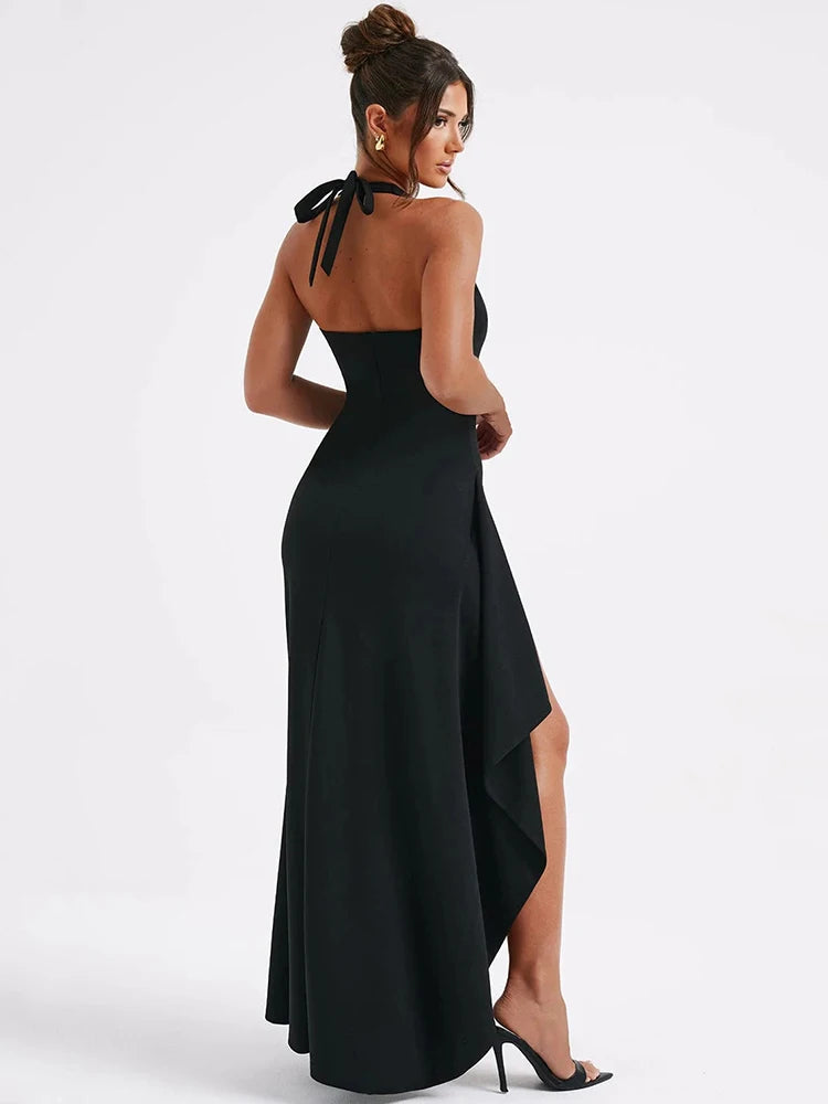 Vestido largo sexy con escote en V profundo y abertura hasta el muslo para mujer, estilo halter, sin mangas, espalda descubierta, ajustado, para fiesta y club, nuevo
