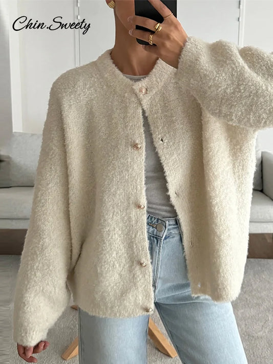 Elegant Long Sleeve Sweater Women Fashion Loose Single-Breasted Round Neck Solid Cardigan 2025 Spring Soft All-matching Outwear