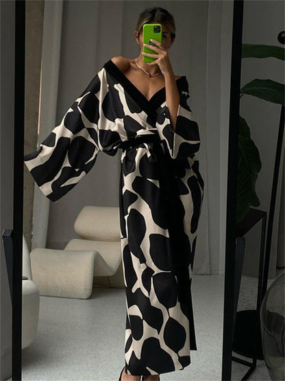 Contrast Loose Lace-Up Long Dress Nightwear For Women V-Neck Fashion Long Sleeve Autumn Clothes Female Bandage Maxi Dress