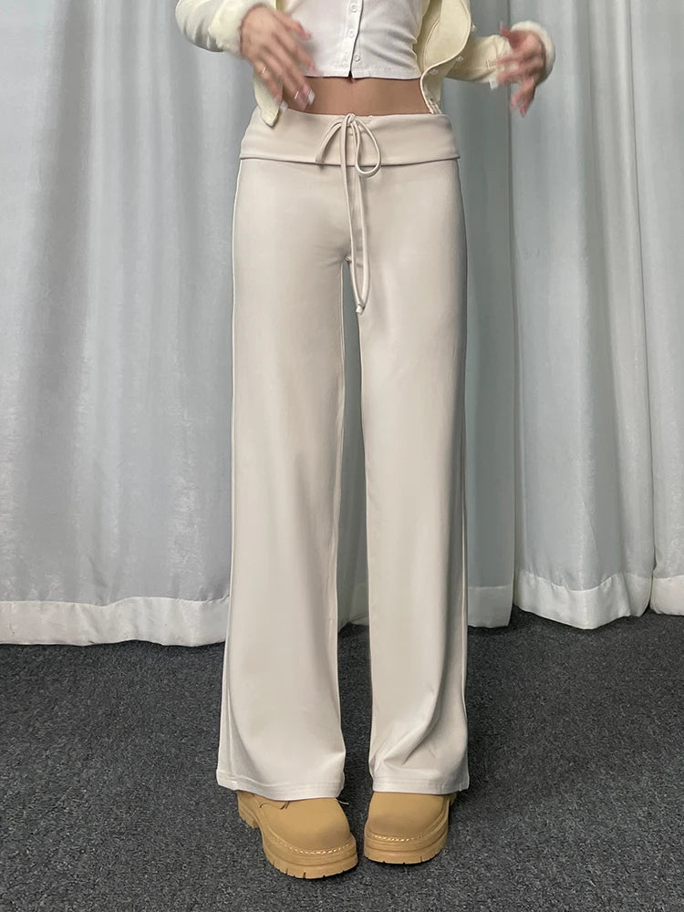 Pantalones deportivos básicos casuales lisos para mujer, cintura con cordón, pierna recta, pantalones para correr Y2K