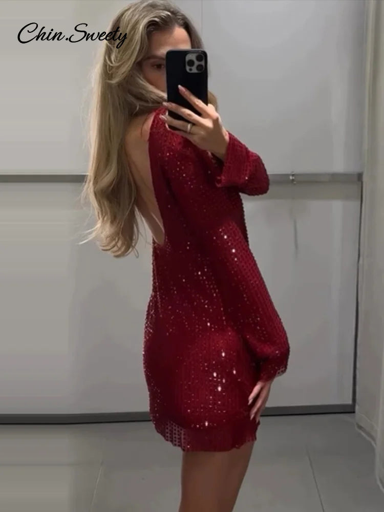 Sexy Sequins Backless Red Christmas Mini Dress Shiny O-neck Long Sleeve Dresses Female  New Lady Slim Party Club Gowns