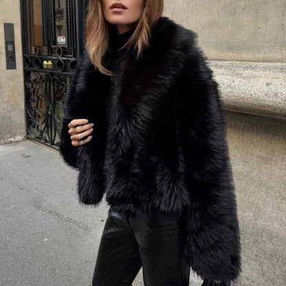 Street Fashion Shawl Collar Faux Fox Fur Coat Women  Winter Cool Girls Black Short Fur Jacket Vintage Chic Overcoat
