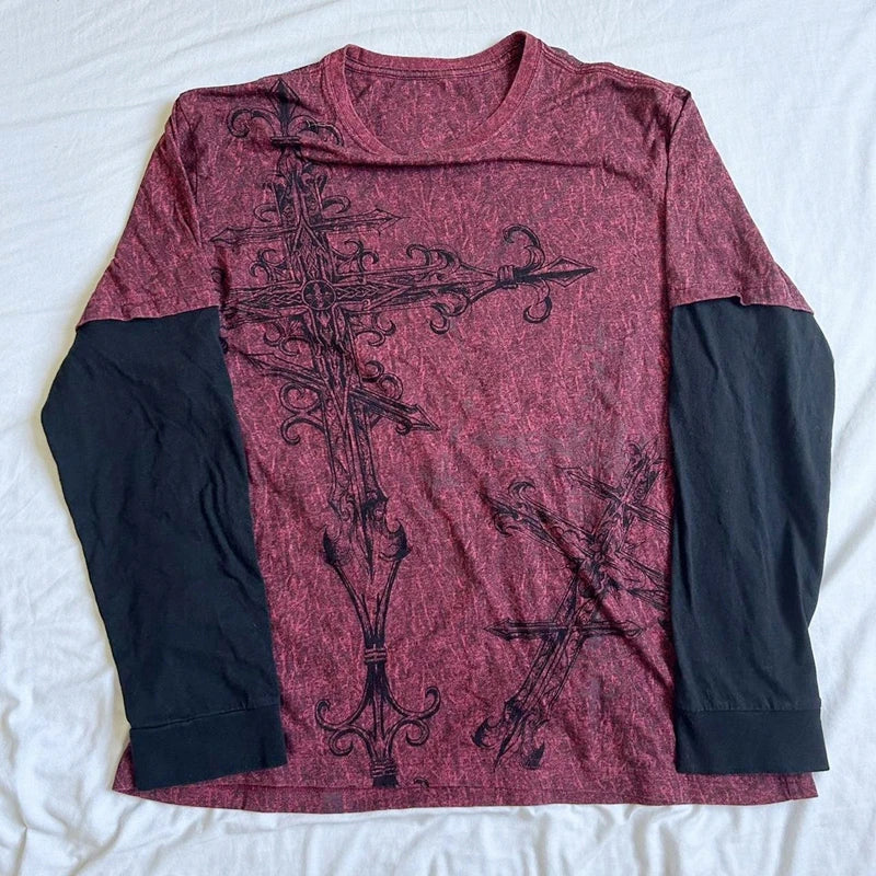 Camiseta vintage grunge emo Y2K de los años 2000, estilo cross cyber goth, con retazos, de manga larga, estilo e-girl, estilo gótico harajuku, holgada, para mujer y hombre.