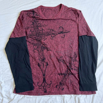 Camiseta vintage grunge emo Y2K de los años 2000, estilo cross cyber goth, con retazos, de manga larga, estilo e-girl, estilo gótico harajuku, holgada, para mujer y hombre.