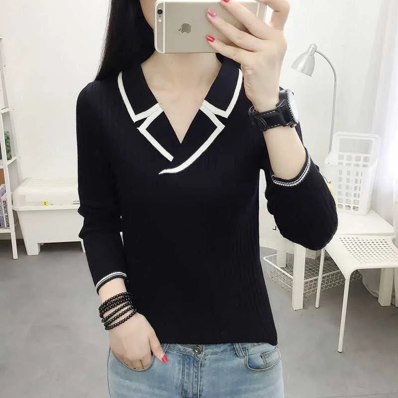 Suéter de punto estilo otoño-invierno para mujer, top informal con cuello en V, DF4922