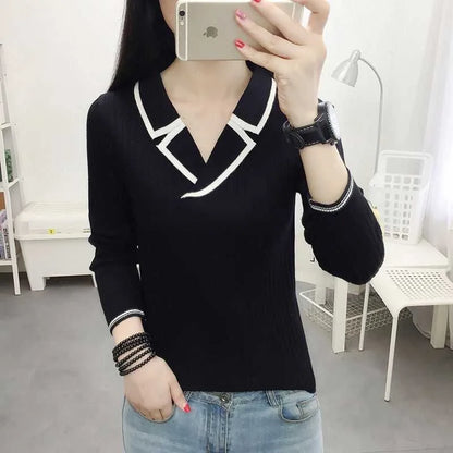 Suéter de punto estilo otoño-invierno para mujer, top informal con cuello en V, DF4922