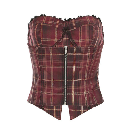 Blusas de tirantes para mujer con ribete de encaje a cuadros rojos navideños, ajustadas, de ambiente festivo, a la moda.