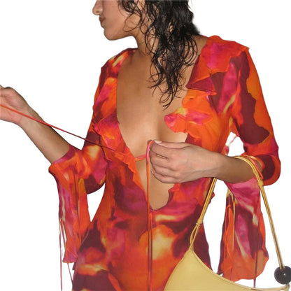 Vestidos tie-dye para mujer, con volantes anudados, escote en V profundo, espalda descubierta, vestido de cóctel ajustado, vestidos de fiesta de playa Y2K, ropa de club