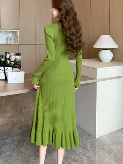 Vestidos de punto lisos de otoño para mujer, elegantes vestidos de oficina informales con mangas acampanadas, dobladillo con volantes y botonadura sencilla