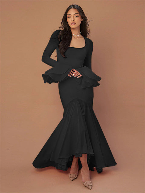 Vestido largo de fiesta con cuello cuadrado y volantes para mujer, ajustado, transparente, de cintura alta