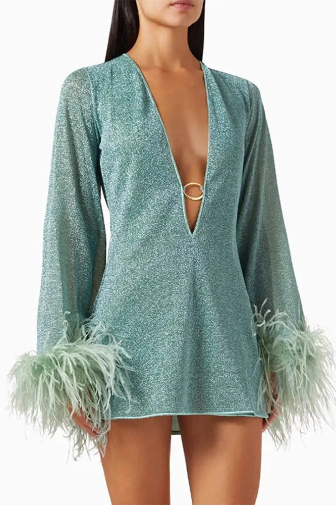 V-Neck Long Sleeve Mini Dress
