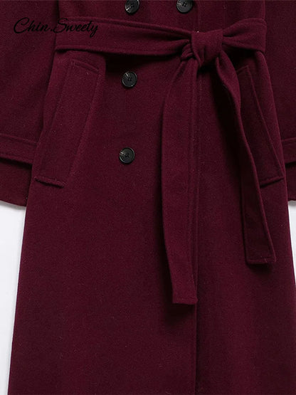 Abrigo cruzado burdeos y rojo de moda para mujer, con cordones, solapas sueltas, bolsillos, manga larga, nueva prenda de calle.