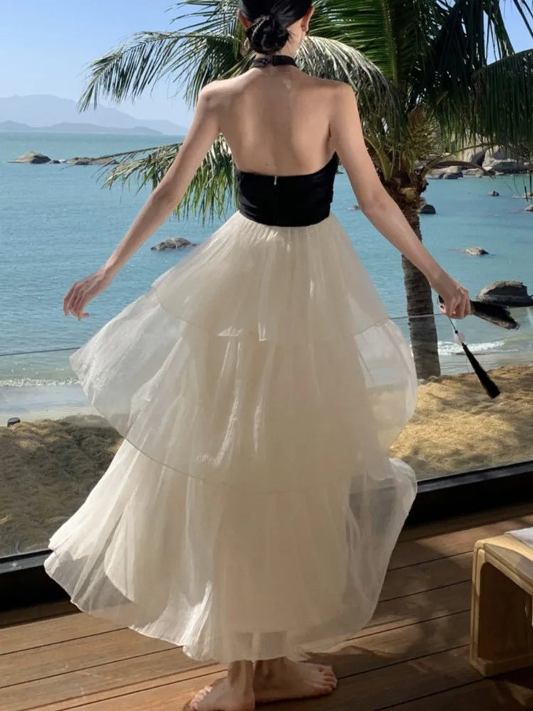 Elegante vestido de fiesta de noche con volantes y retazos para mujer, sin mangas, con cuello halter y espalda descubierta, corte en A, de una pieza