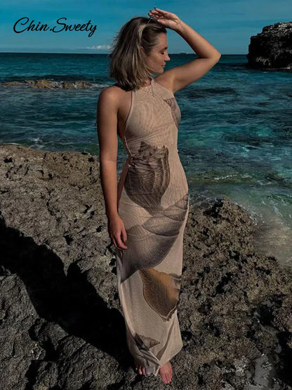Vestidos largos de tul con espalda descubierta y estampados para mujer, vestidos de fiesta sin mangas con cuello halter y cordones, moda 2025, batas ajustadas para vacaciones en la playa.