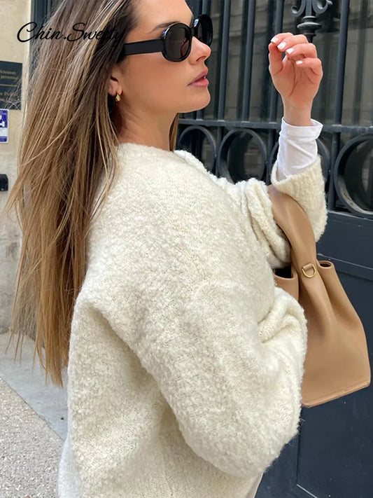 Elegant Long Sleeve Sweater Women Fashion Loose Single-Breasted Round Neck Solid Cardigan 2025 Spring Soft All-matching Outwear