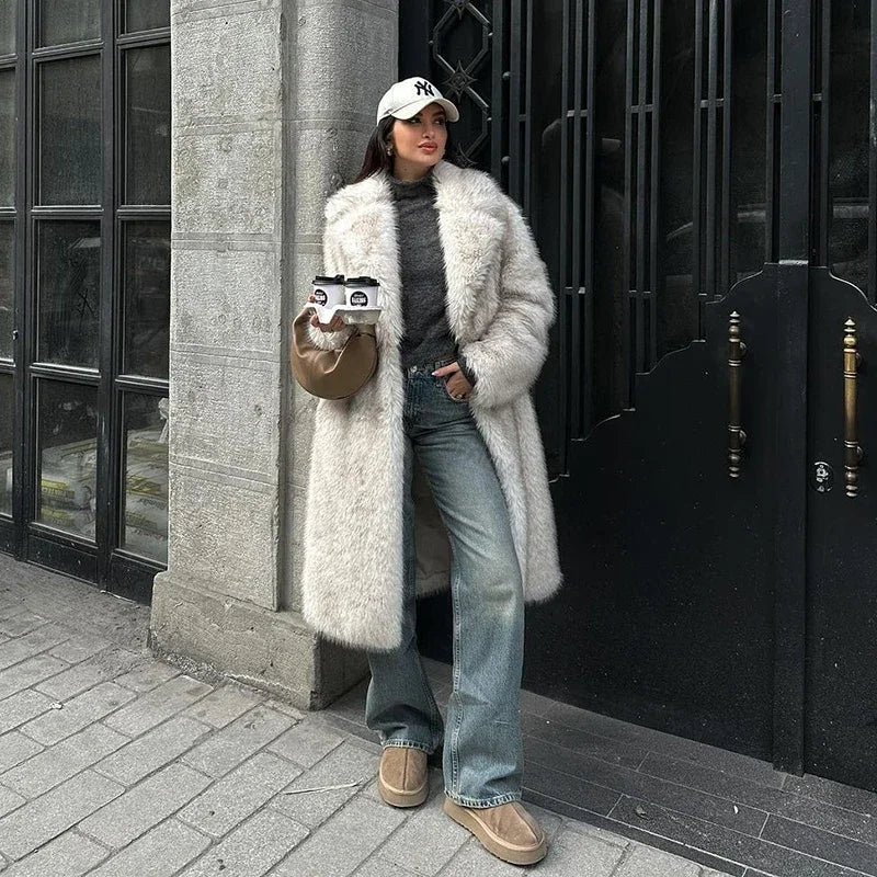 Abrigo largo de piel sintética ecológica con degradado, holgado y elegante, para mujer, de invierno, grueso, cálido y esponjoso, de piel de zorro, abrigo de marca a la moda para niñas.
