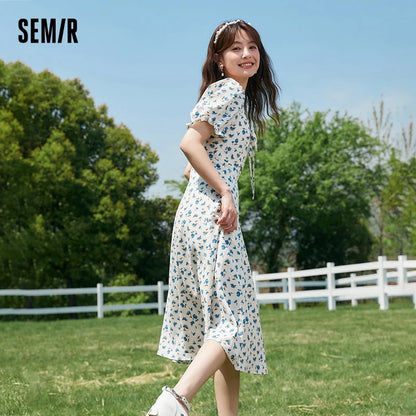 Dress Women Texture Chiffon Floral Romantic Temperament Square Neck Tea Break Dress