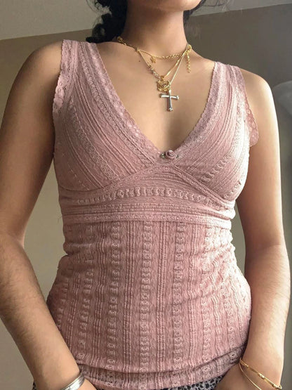 Top sin mangas con cuello en V, dulce y rosa, estilo Y2K, de encaje, estilo kawaii de los años 2000 para mujer