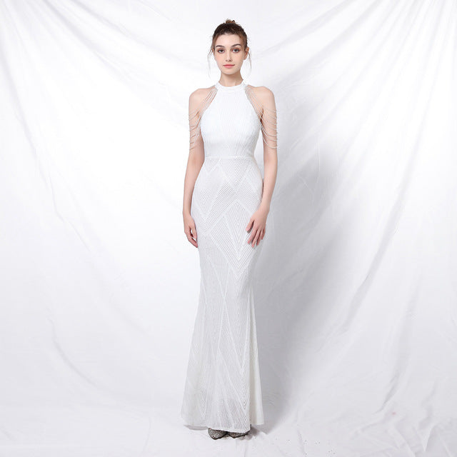 Vestido de noche elegante con cuello halter y lentejuelas, falda a la cadera con borlas de cristal, sin mangas, liso, con decoración de diamantes de imitación, vestido largo para mujer