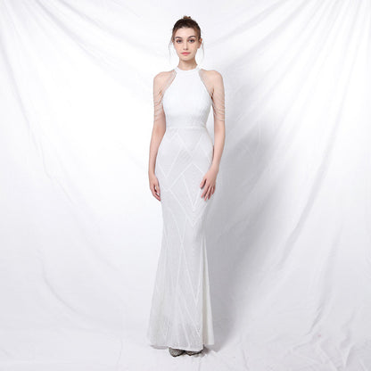 Vestido de noche elegante con cuello halter y lentejuelas, falda a la cadera con borlas de cristal, sin mangas, liso, con decoración de diamantes de imitación, vestido largo para mujer