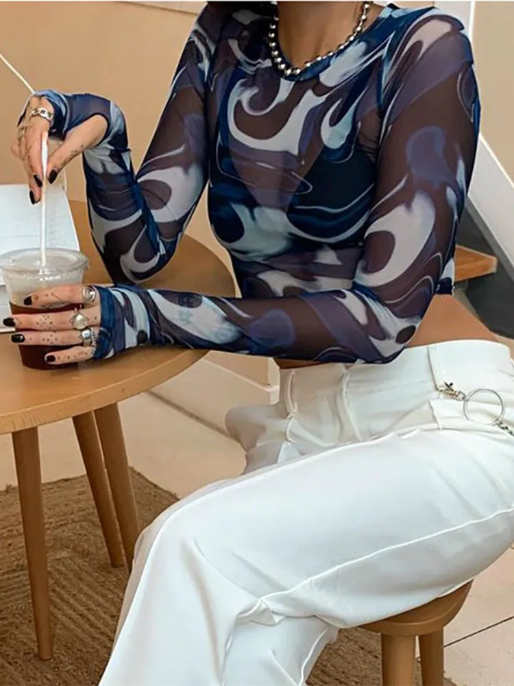 Summer Casual Round Neck pullover Shirts For Wome Fashion Mesh Slightly Sheer Print Women Clothes Sexy Slim Long Sleeve Y2kTop
