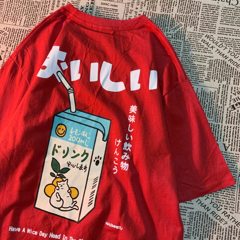 Camiseta holgada informal de manga corta con estampado de gato japonés para hombre y mujer, ropa de calle de algodón, estilo Harajuku