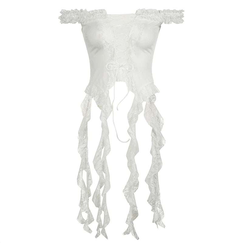 Sexy Ruffled Hem Lace Tank Top Off Shoulder White Tie Up Aesthetic Tube Top Holiday Summer Fashion Camisole Skinny