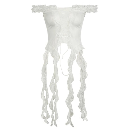 Sexy Ruffled Hem Lace Tank Top Off Shoulder White Tie Up Aesthetic Tube Top Holiday Summer Fashion Camisole Skinny
