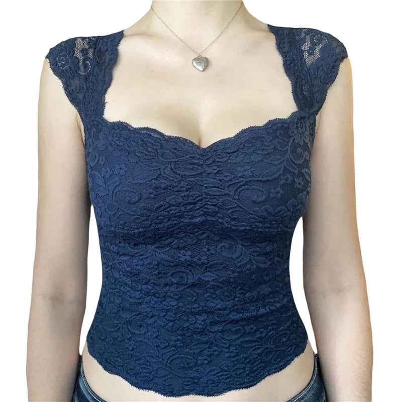 Top corto de encaje Y2K de los años 2000 con cuello en V y sin mangas para mujer, camiseta de estilo dulce, ropa de calle Kawaii E Girl