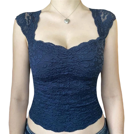 y2k Lace Crop Top 2000s Aesthetic Women V Neck Sleeveless Tanks Sweet Style T Shirt Kawaii E Girl Clothes Streetwear