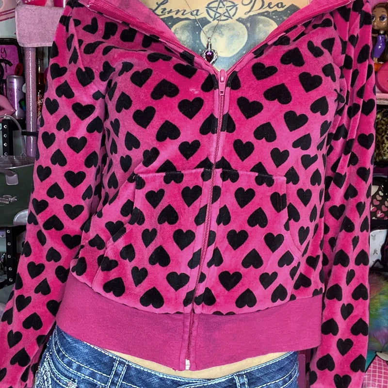 Chaqueta de terciopelo con estampado de corazón Y2K con capucha, estilo dulce rosa, abrigo de otoño con cremallera y bolsillo, ropa de abrigo ajustada retro bonita para invierno