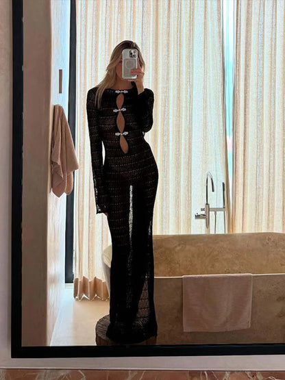 Elegant Hollow Out Knitted Long Dress Women Sexy Backless Solid Long Sleeve Slim Maxi Dresses Female Chic Party Beach Holiday