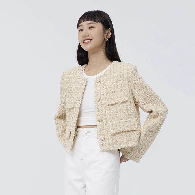 Abrigo de mujer primavera nuevo abrigo corto con borde de pelo elegante y cálido