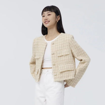 Abrigo de mujer primavera nuevo abrigo corto con borde de pelo elegante y cálido