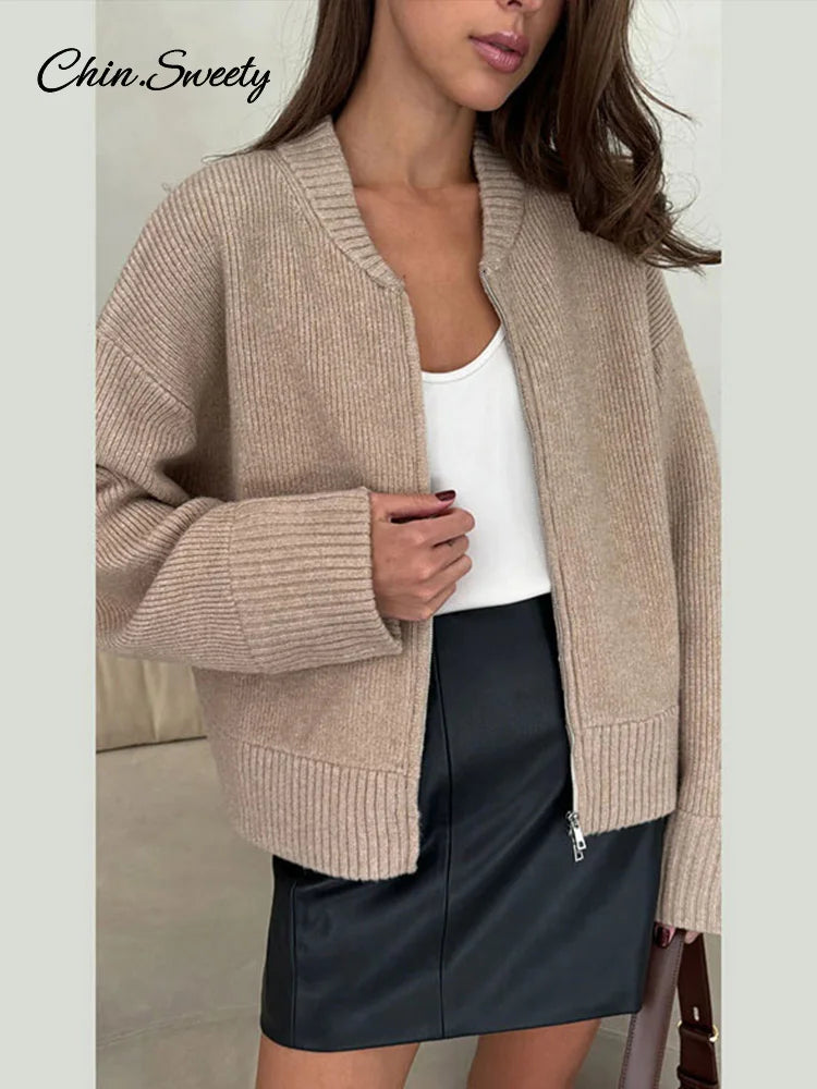 Cárdigan de punto con cuello redondo y cremallera para otoño e invierno, suéter liso holgado de manga larga para mujer, prenda de punto a juego para mujer.