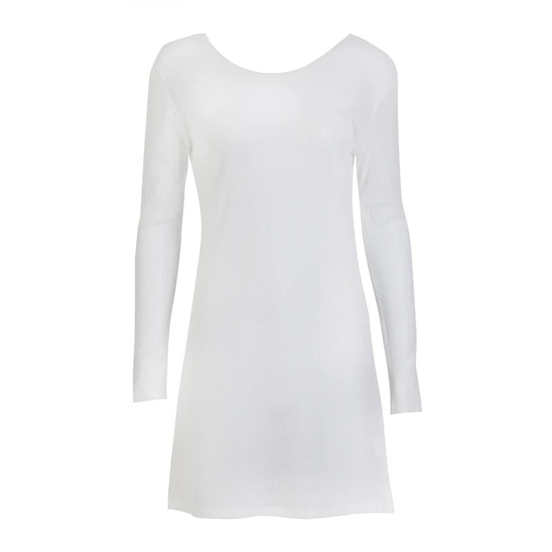 Backless White Dress Women Sheer Transparent Round Neck Long Sleeve Knitted Bodycon Dress Sexy Party Dresses Beachwear