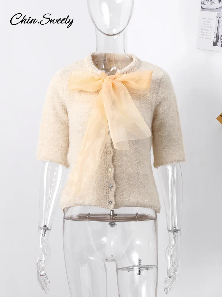 Mohair Knitted Short Sleeve Cardigan Women Lace Bow Single Breasted O-neck Slim Sweater  Autumn Winter Fashion Lady Knitwear